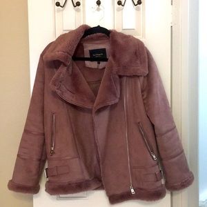 Dusty Rose Faux Fur Lined Moto Jacket Coat